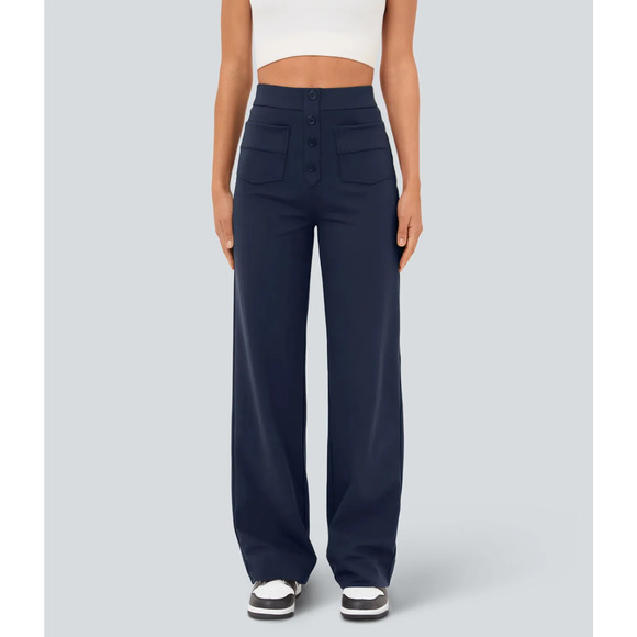 Halara High Waist Pull On Retro Button Breathable Casual Pants Midnight Blue XL - Picture 5 of 7